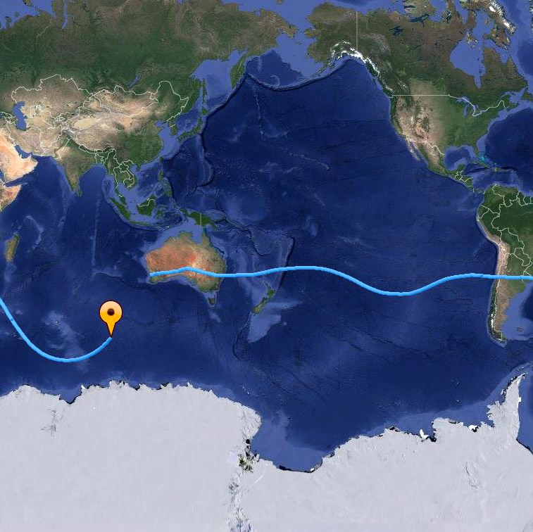 A map of the globe with a blue line and yellow marker tracking the progress of hot air balloonist Fedor Konyukhov.