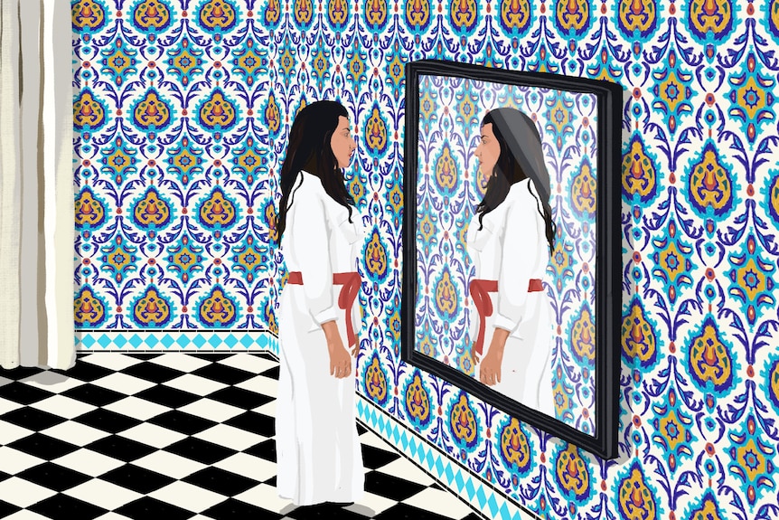 An illustration of a woman looking in a mirror.
