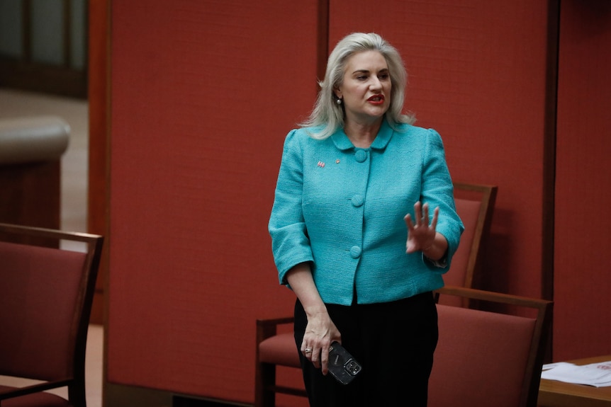 Hollie Hughes wearing an aqua jacket mid-sentence in the senate with her left arm outstretched