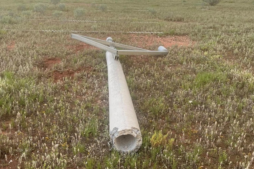 A cement pole on the ground in the grass