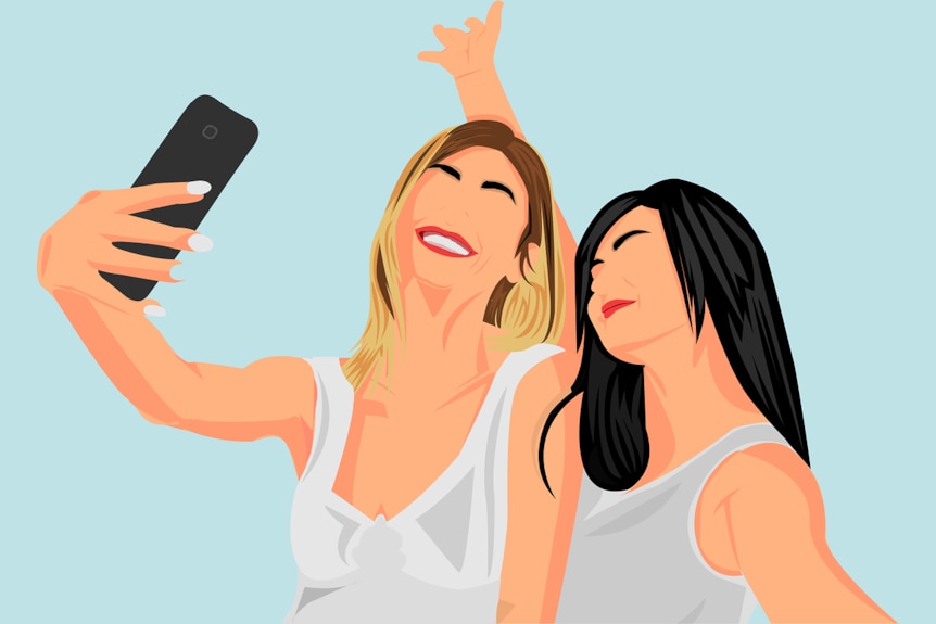 A graphic of two women taking a selfie with a phone, smiling