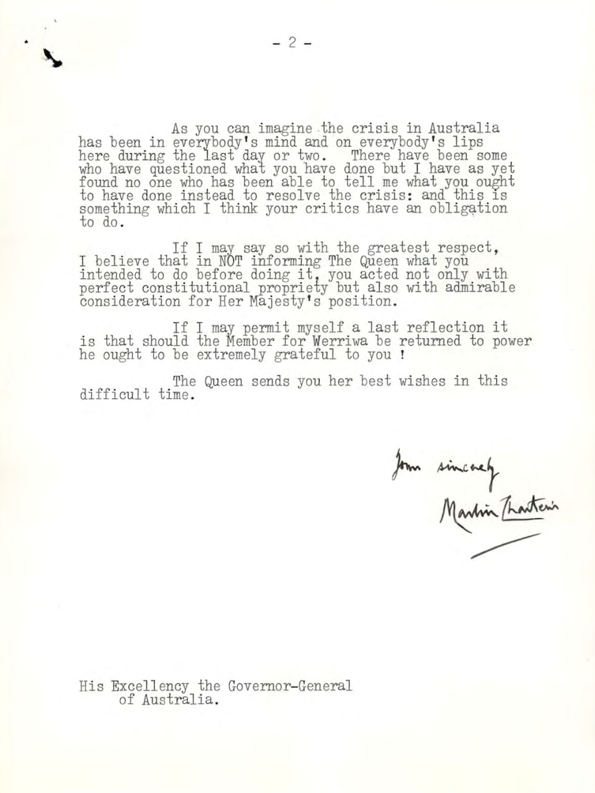 A letter from Martin Charteris saying Kerr made the right decision not to inform the Queen.