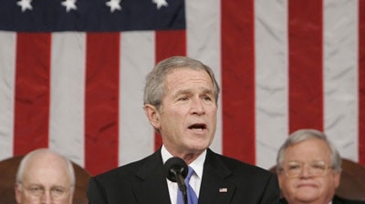 US President George W Bush delivers State of the Union address.