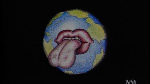 A drawing of the Earth with a big tongue poking out