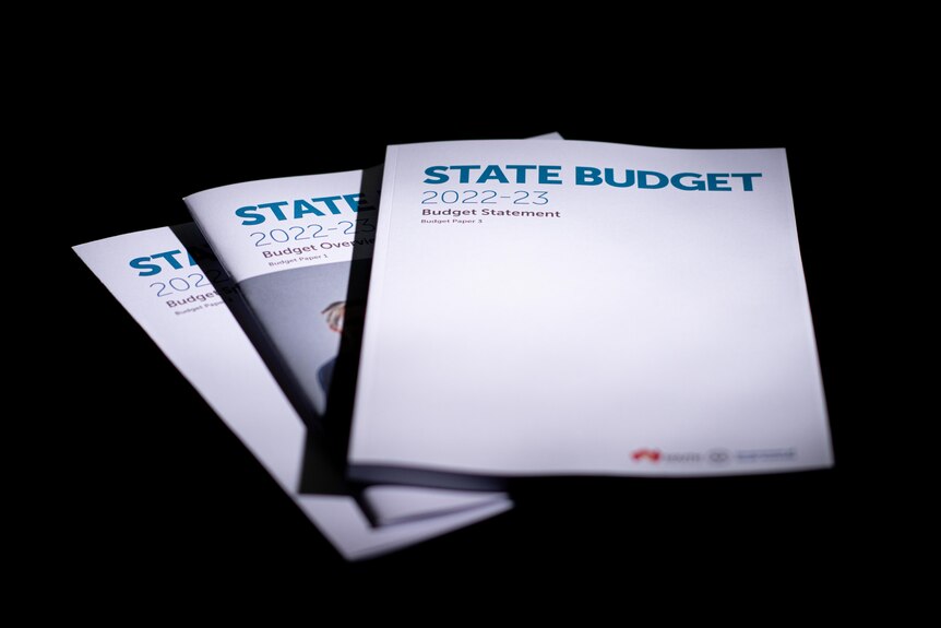 Trois exemplaires des documents budgétaires de l'État déployés sur fond noir