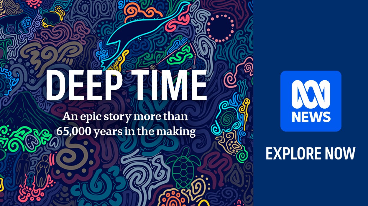 A colourful indigenous illustration with title Deep Time and text An epic story more than 65000 years in the making.