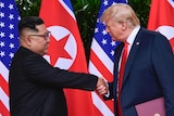 North Korea leader Kim Jong-un and US President Donald Trump shake hands and smile.