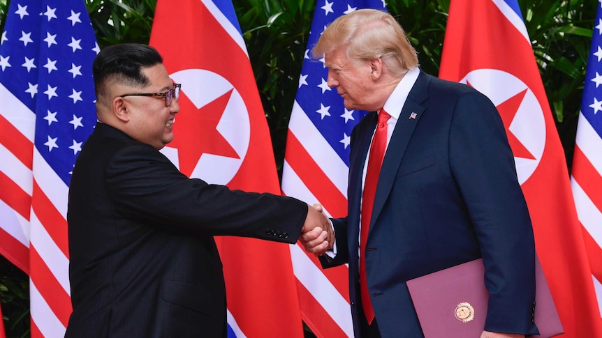 North Korea leader Kim Jong-un and US President Donald Trump shake hands and smile.