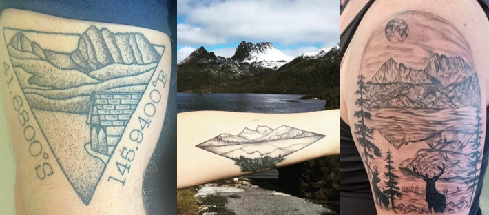 Three photos of black ink tattoos, all of cradle mountain, one with the mountain in the background.