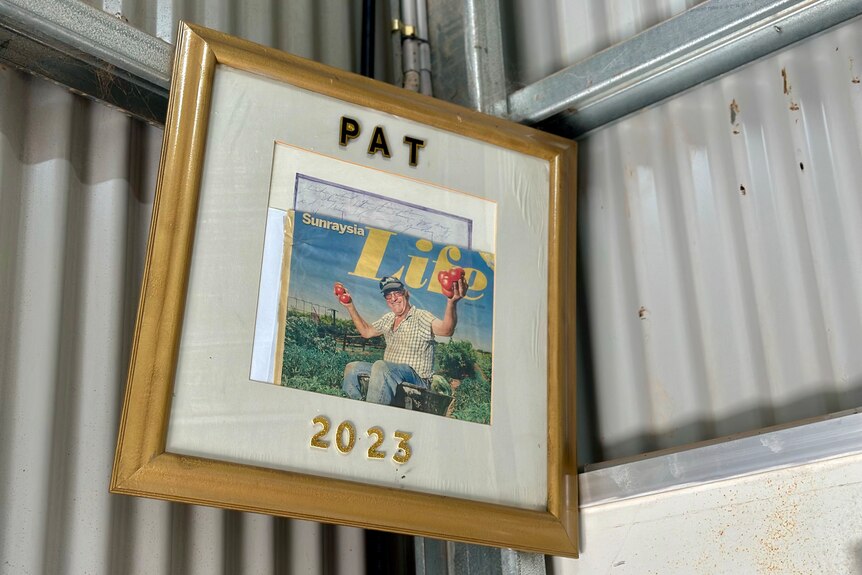 A sign on the wall with a newspaper clipping of Pat in it.