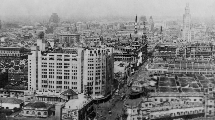 Aerial view of commercial buildings along Nanjing Road in Shanghai, China.