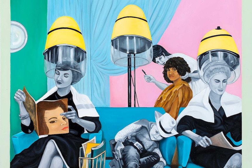 A painting of a group of grey woman in a 1950s hair salon, Aboriginal woman in colour in traditional clothes in the background