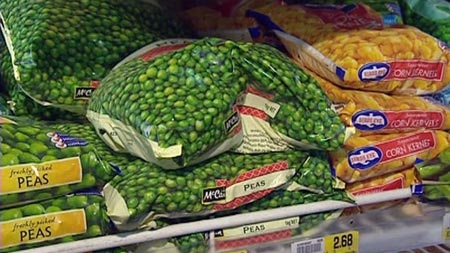 Packets of frozen veges in a supermarket