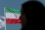 An image of the Iranian national flag flying with one side of it covered by a shadow.