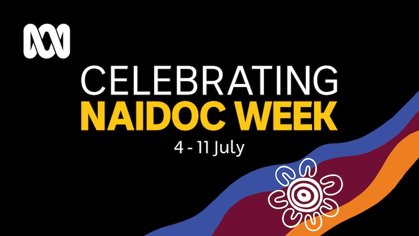 A tile with the words "Celebrating NAIDOC Week 4-11 July" over artwork by Buffie Corunna.