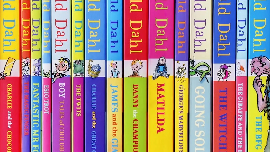Various Roald Dahl books on a bookshelf. Some titles seen, Matilda, The Witches and the BFG.