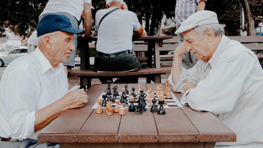 Two older men play chess in a park