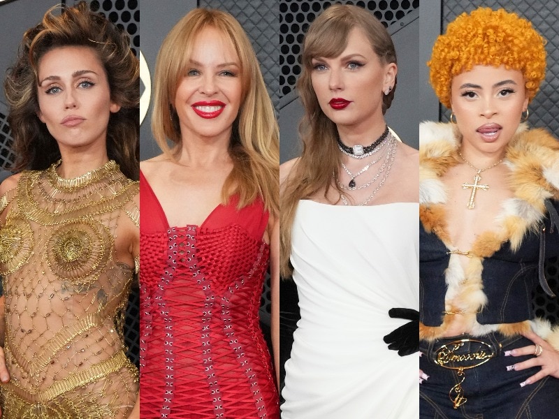 A composite of Miley Cyrus, Kylie Minogue, Taylor Swift and Ice Spice at the Grammys. 