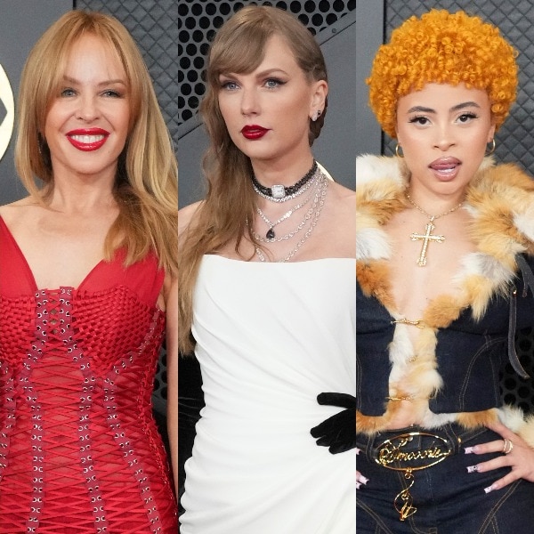 A composite of Miley Cyrus, Kylie Minogue, Taylor Swift and Ice Spice at the Grammys. 