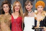 A composite of Miley Cyrus, Kylie Minogue, Taylor Swift and Ice Spice at the Grammys. 