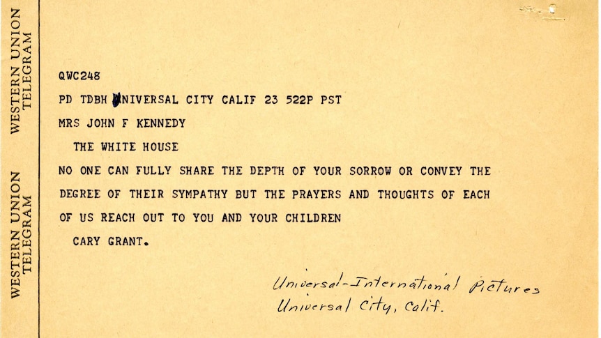 Condolence letter from Cary Grant to Jacqueline Kennedy