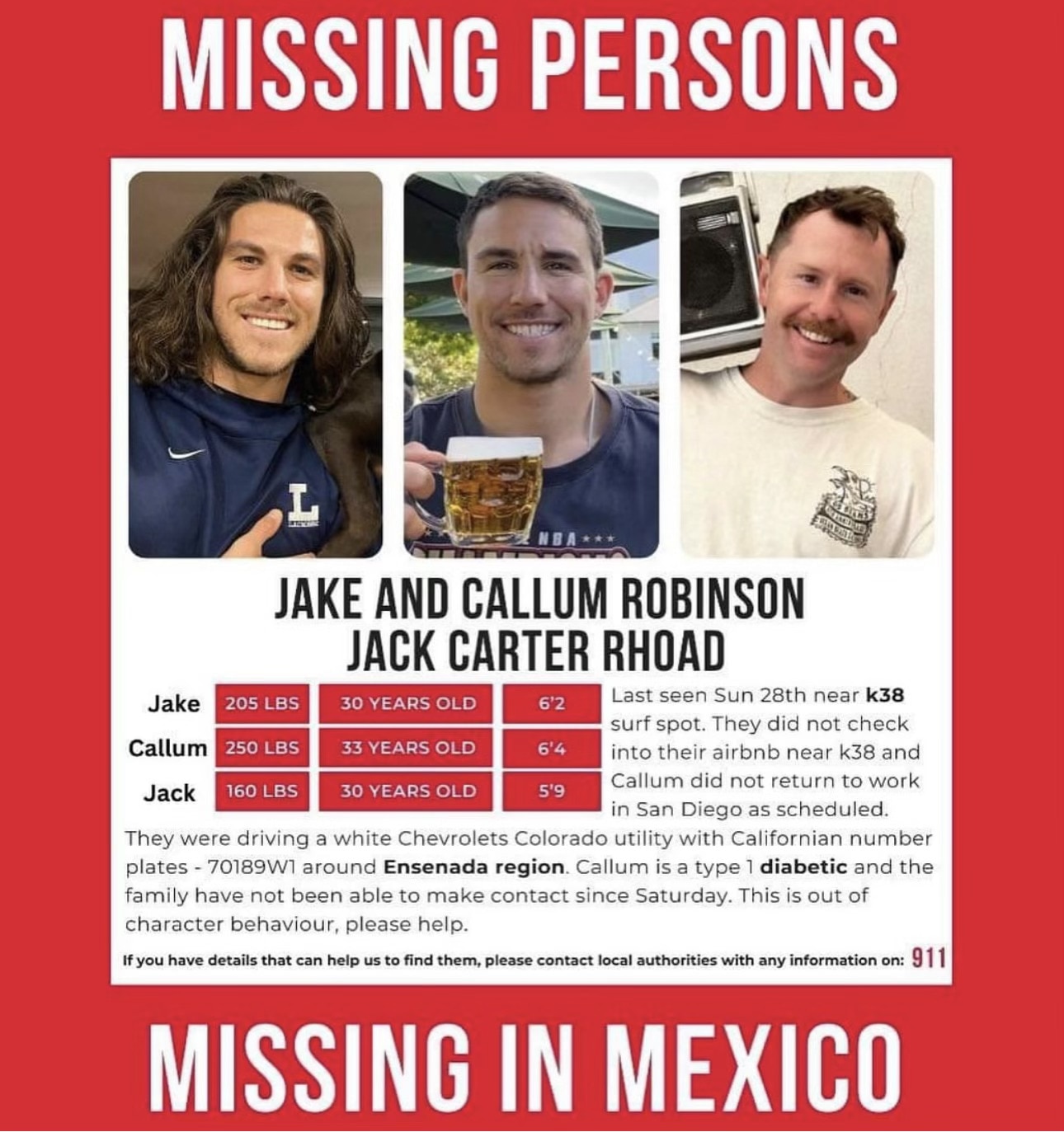 A red and white missing persons poster with photographs of brothers Callum and Jake Robinson and a third man.