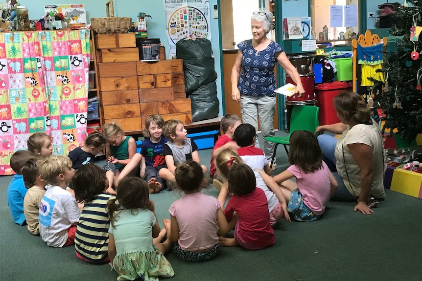 Pauline Hurcombe with a class of children at the Mt Warning Community Pre-school