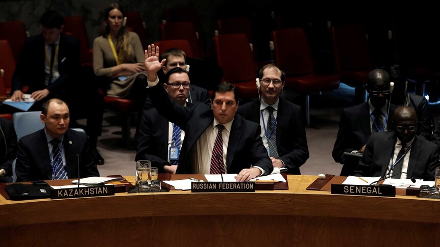 Russia's deputy ambassador raises his arm to vote against a UN resolution.