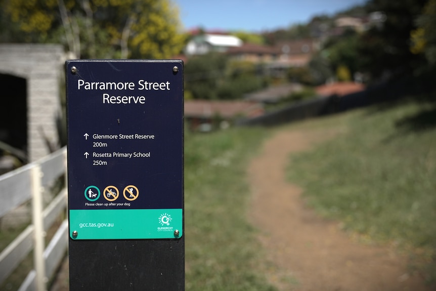 A sign for Parramore Street Reserve in front of a small dirt path.