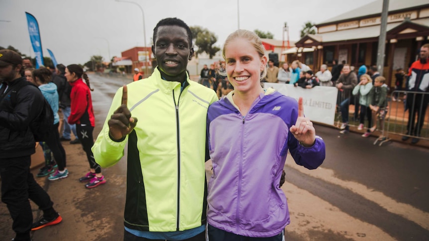 2016 winners of the men and women's Elite Mile at the Lenora Golden Gift, Peter Bol and Bridey Delaney