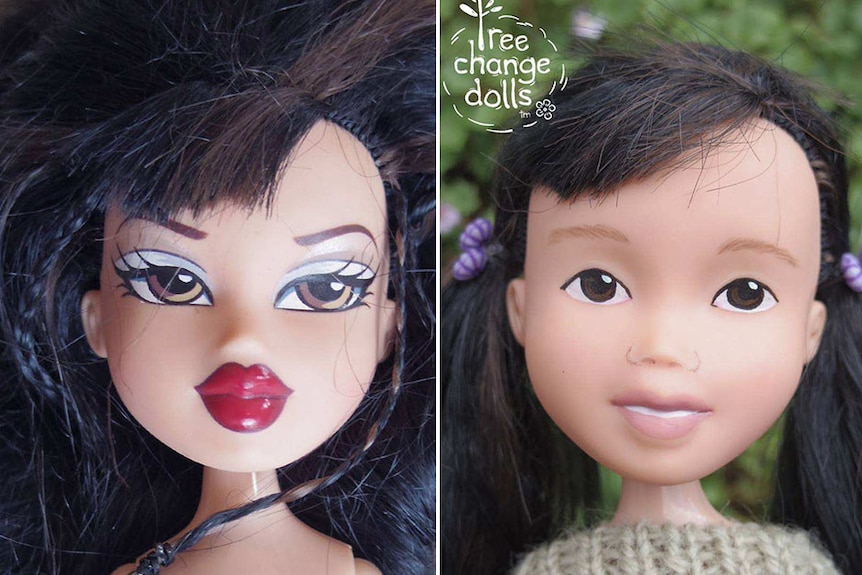 A before and after photo of a Tree Change doll