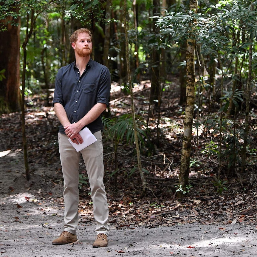 Prince Harry, the Duke of Sussex is seen during the unveiling of a plaque on Fraser Island.