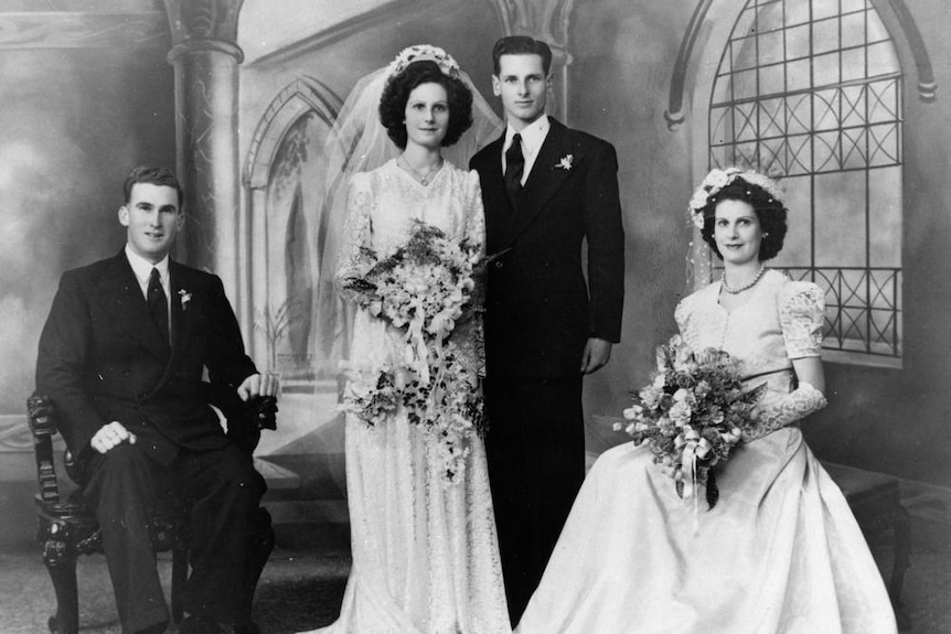 A bridge, groom, best man and bridesmaid at a wedding in 1948.