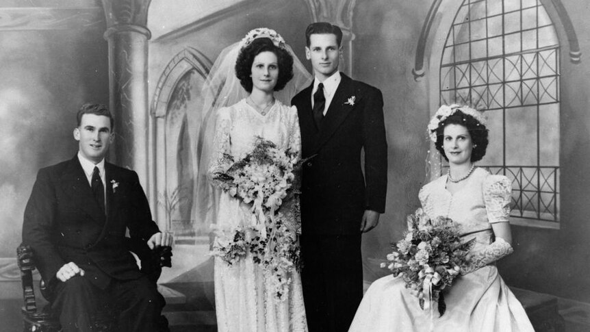 A bridge, groom, best man and bridesmaid at a wedding in 1948.