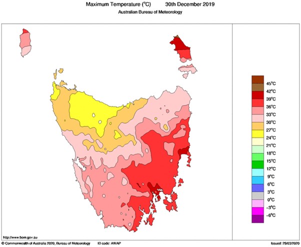 BOM graph of Tasmania maximum temperatures December 2019.