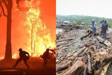 A picture of firefighters battling a bushfire next to a picture of people standing next to debris from a landslide.