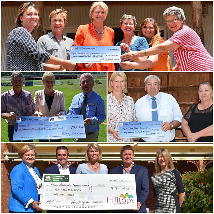 Photos from Katrina Hodgkinson's Facebook page showing a selection of novelty cheque presentations.