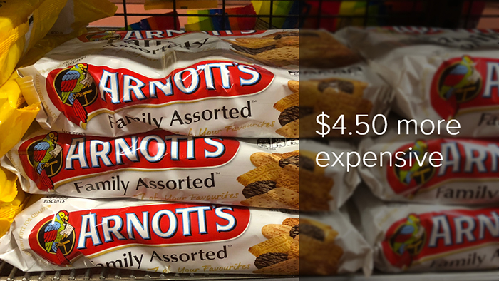 A packet of Arnott's family assorted biscuits on the Doomadgee supermarket shelf is $4.50 more expensive than in Brisbane.