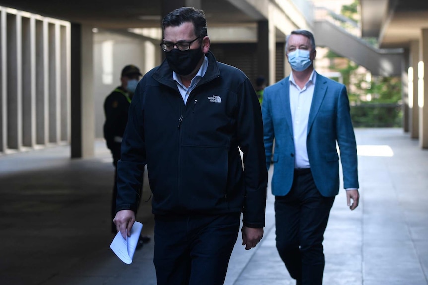 Victorian Premier Daniel Andrews and Victorian Minister for Mental Health Martin Foley arrives to a press conference