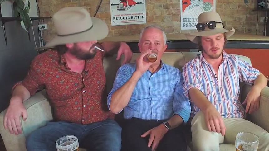 Malcolm Turnbull drinks beer during an interview with the Betoota Advocate.