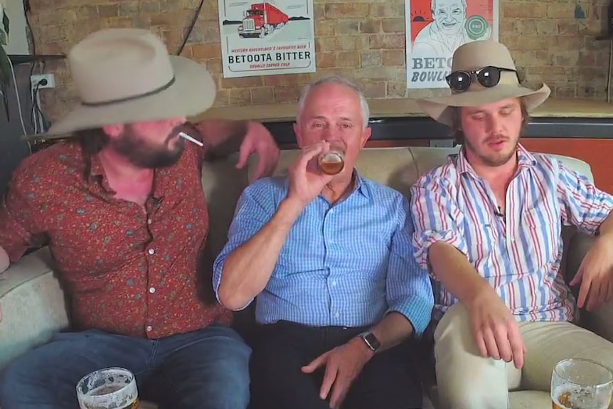Malcolm Turnbull drinks beer during an interview with the Betoota Advocate.