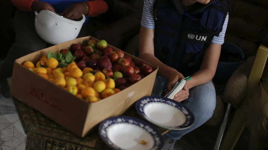 United Nations and World Food program members sit beside a box of fruits.