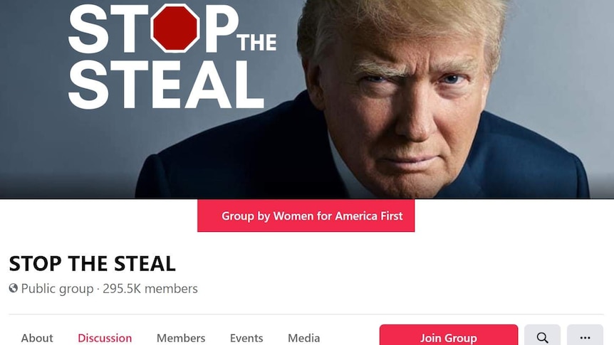 a screenshot of the Stop the Steal facebook header showing an image of Donald Trump looking at the camera
