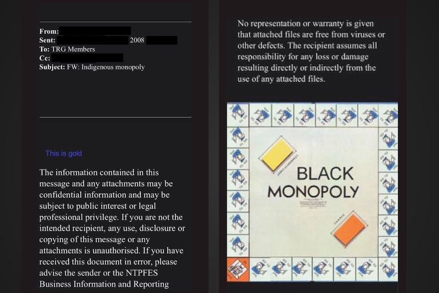An image shows screenshots of an email sent to 'TRG Members' with the subject line 'Indigenous Monopoly'