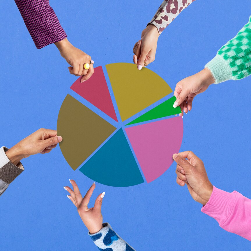 circle divided into different coloured pieces, hands of men and women each taking a piece