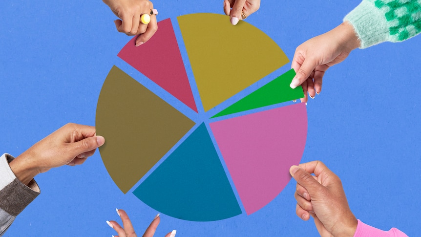 circle divided into different coloured pieces, hands of men and women each taking a piece