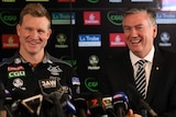Nathan Buckley and Eddie McGuire at a Collingwood media conference.