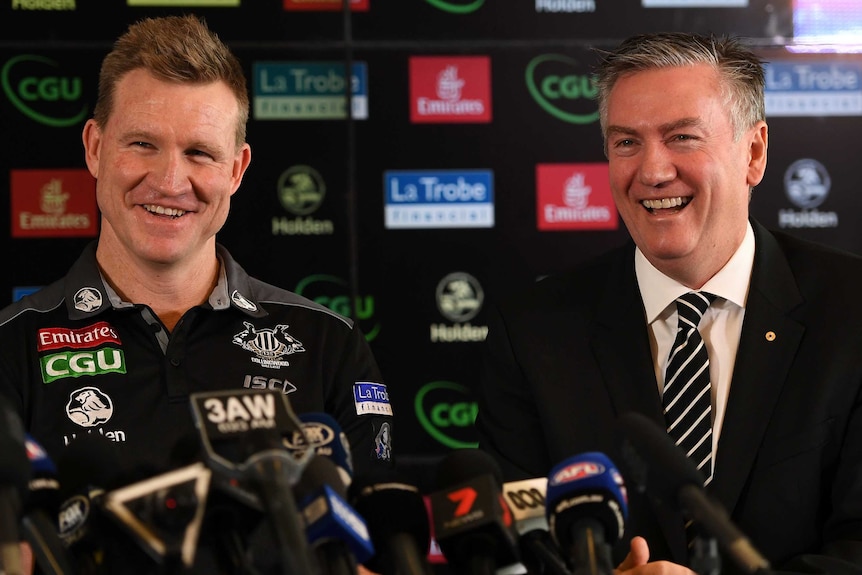 Nathan Buckley and Eddie McGuire at a Collingwood media conference.