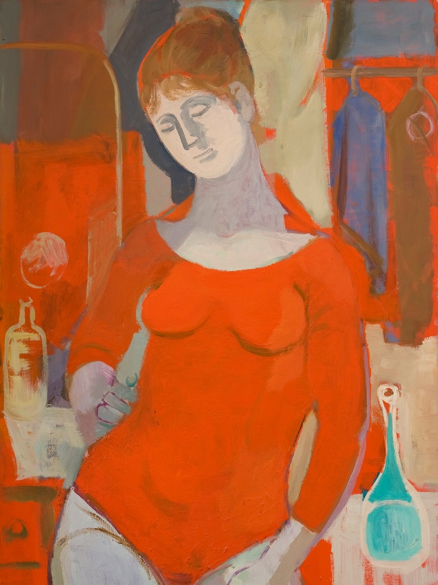 A woman standing with her hand on her hip in a red leotard, painted by Constance Stokes.