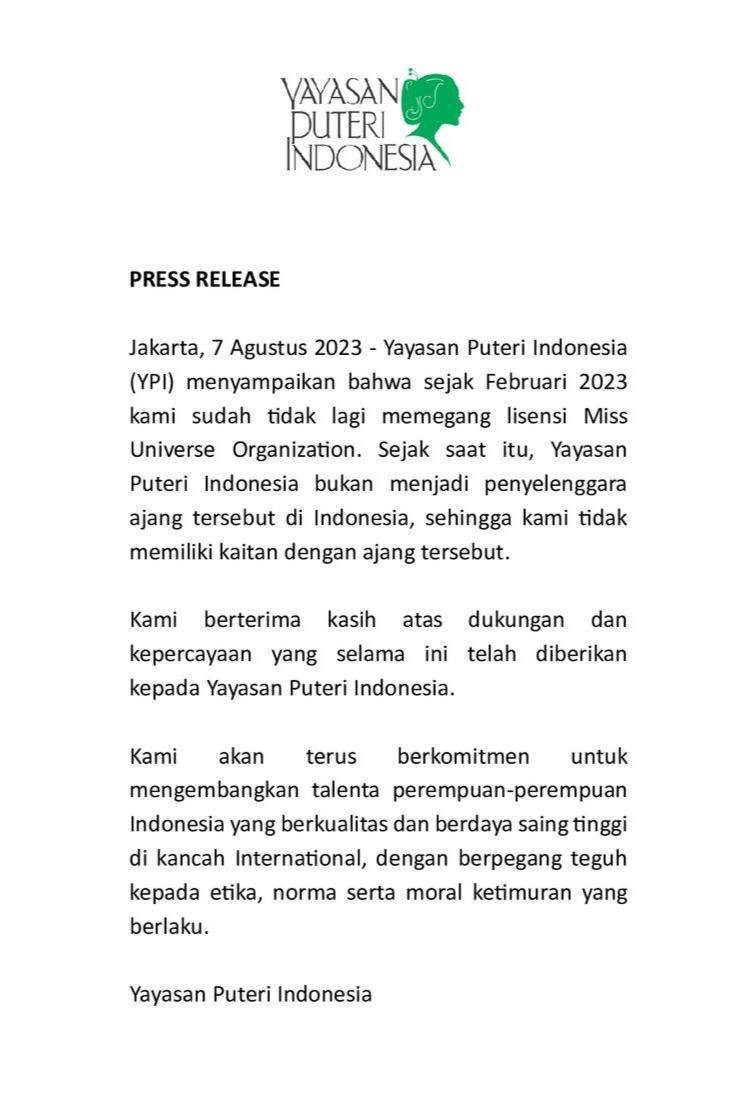 Rilis Yayasan Puteri Indonesia